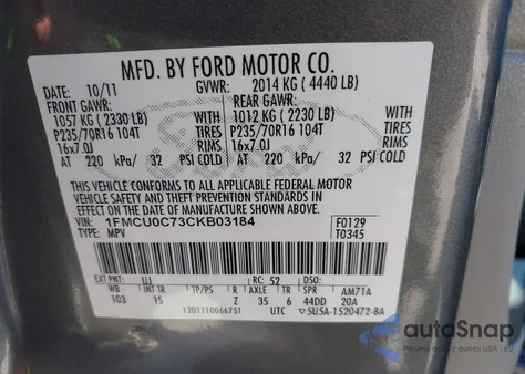 2012 Ford Escape Xls z USA, uszkodzony, nr VIN 1FMCU0C73CKB03184